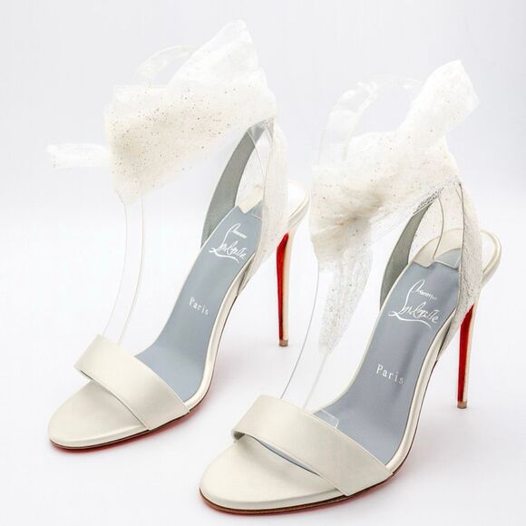 CHRISTIAN LOUBOUTIN Du Desert Glitter Tulle White Sandal Size 39 US 8.5 Heel - Picture 1 of 15